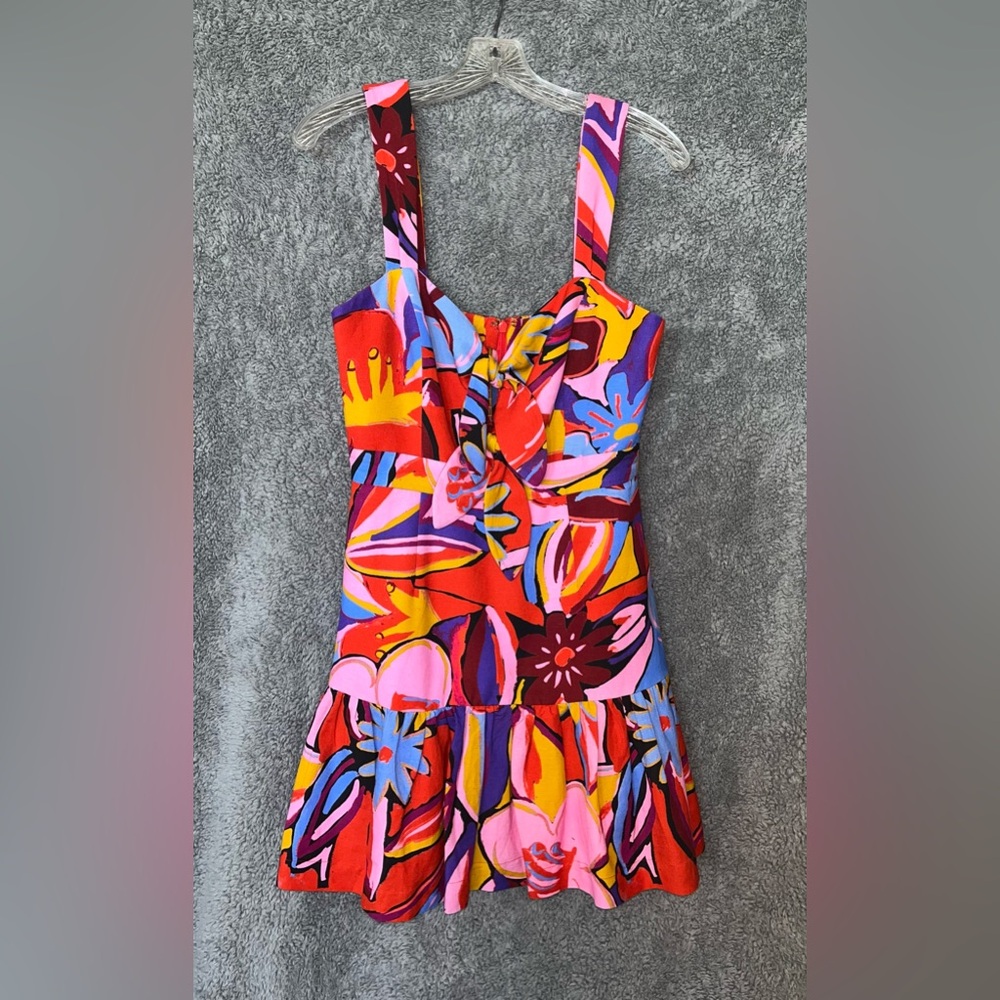 Rebecca Vallance Colorful Floral Print Mini Dress Front Tied Knots Size 4